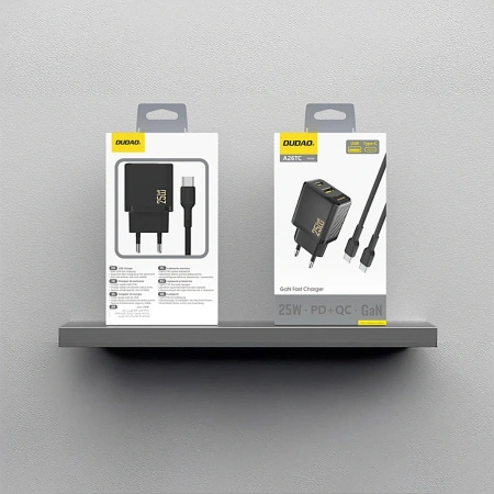 Ładowarka sieciowa Dudao A26TCEU PD QC 25W GaN USB-A USB-C z kablem USB-C - czarna