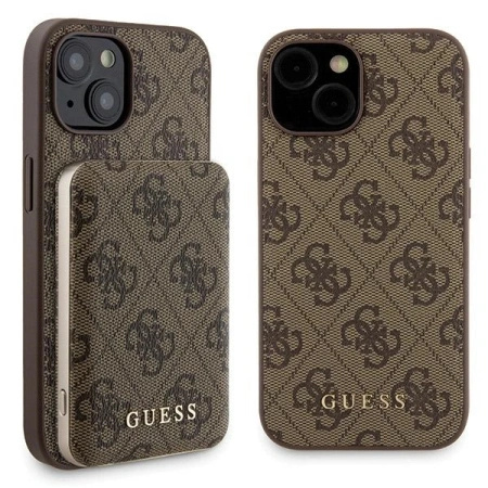 Zestaw Guess GUBPM5P15S4GEMGW iPhone15 6.1 hardcase + Powerbank 5000mAh MagSafe brązowy/brown 4G Metal Logo