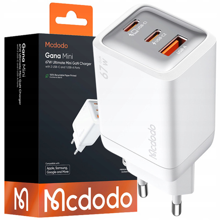 MCDODO SZYBKA ŁADOWARKA SIECIOWA ZASILACZ KOSTKA 3X USB-C PD USB 67W BIAŁA