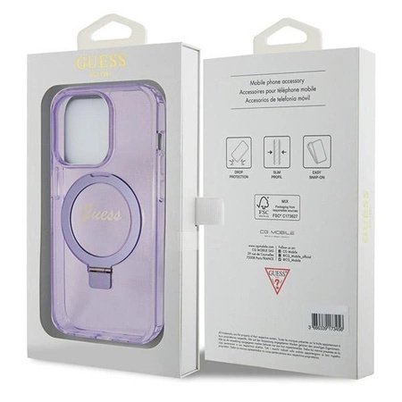 Etui Guess Ring Stand Script Glitter MagSafe na iPhone 14 Pro - fioletowe