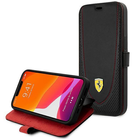 Etui Ferrari FEFLBKP13LRGOK na iPhone 13 Pro - czarne book Leather Curved Line