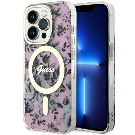 Etui Guess GUHMP14LHCFWSP na iPhone 14 Pro - różowe Flower MagSafe