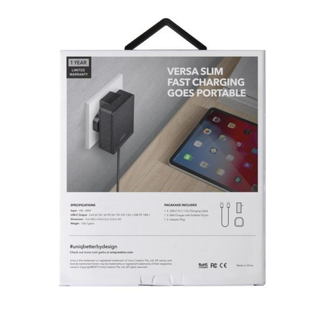 Ładowarka sieciowa Uniq Versa Slim LITHOS Collective USB-C PD 18W + kabel USB-C / USB-C - czarna