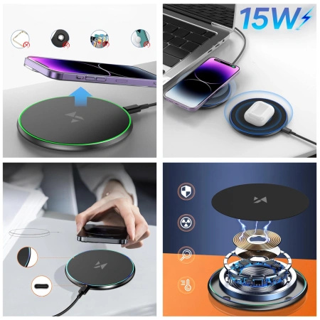 Ładowarka indukcyjna Wozinsky WLI-01Y 15W Qi z kablem USB-C - czarny