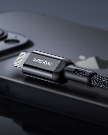 INNOSTYLE POWERFLEX KABEL USB-C LIGHTNING MFI SZYBKIEGO ŁADOWANIA DO IPHONE KEVLAR 2M SREBRNY