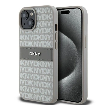 DKNY ETUI HARDCASE DO IPHONE 15 14 13 Z LEATHER MONO STRIPE & METAL LOGO