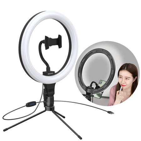 Baseus fotograficzna lampa 10'' ring flash pierścień LED do telefonu smartfona do zdjęć selfie filmów (YouTube, TikTok) + mini statyw czarny (CRZB10-A01)