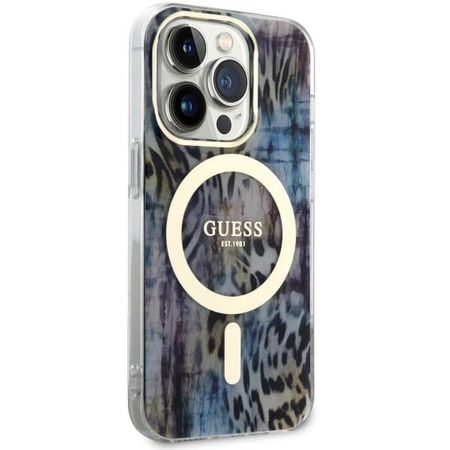 Etui Guess GUHMP14LHLEOPWB na iPhone 14 Pro - niebieskie Leopard MagSafe