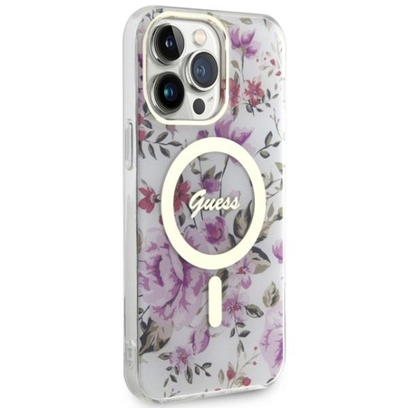 Etui Guess GUHMP14LHCFWST na iPhone 14 Pro - przezroczyste hardcase Flower MagSafe
