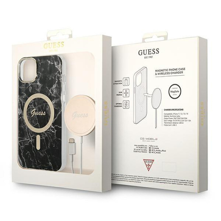 Guess zestaw ładowarka MagSafe + etui do iPhone 14 6,1" czarne Marble (GUBPP14SHMEACSK)