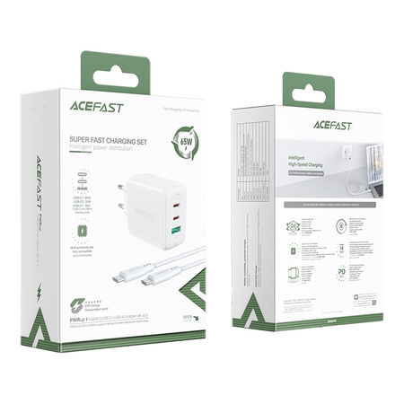 Acefast 2w1 ładowarka sieciowa 2x USB Typ C / USB 65W, PD, QC 3.0, AFC, FCP (zestaw z kablem) biały (A13 white)