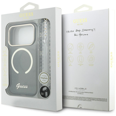 Etui Guess IML Glitters Script Strap     MagSafe do iPhone 17 Pro czarny
