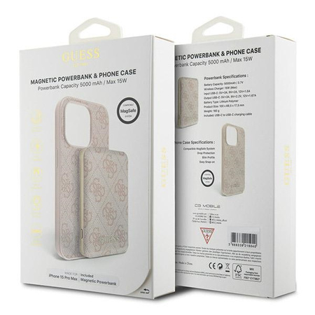 Zestaw Guess GUBPM5P15X4GEMGP iPhone15 Pro Max 6.7 hardcase + Powerbank 5000mAh MagSafe różowy/pink 4G Metal Logo