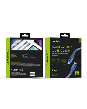 INNOSTYLE POWERFLEX KABEL USB-C SZYBKIE ŁADOWANIE DO IPHONE SAMSUNG 3A 60W KEVLAR 2M CZARNY