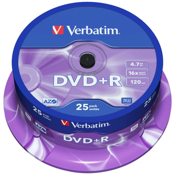 VERBATIM PŁYTA DVD-R 4.7GB 16X AZO 25 SZTUK DO DANYCH I ZDJĘĆ Z NAGRYWANIEM