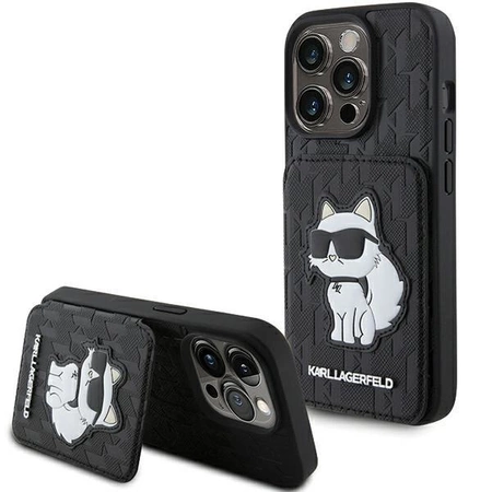 Etui Karl Lagerfeld Saffiano Cardslots and Stand Monogram Choupette do iPhone 15 Pro - czarne