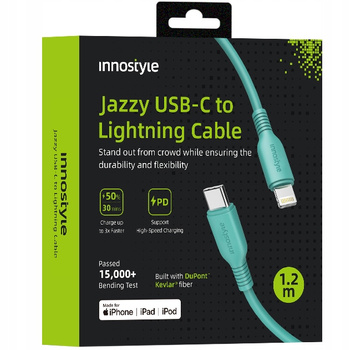 INNOSTYLE JAZZY KABEL USB-C LIGHTNING MFI SZYBKIEGO ŁADOWANIA DO IPHONE KEVLAR 1M ZIELONY