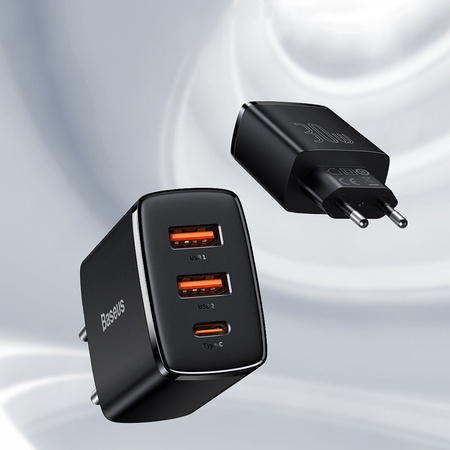 Baseus Compact szybka ładowarka sieciowa 2x USB / USB Typ C 30W 3A Power Delivery Quick Charge czarny (CCXJ-E01)