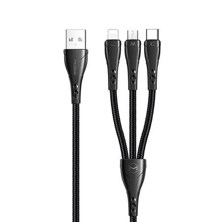 Kabel do telefonu 3w1 Mcdodo z obsługą Car Play i Android Auto do iPhone, Micro USB, USB-C QC 4.0+ 1,2 m