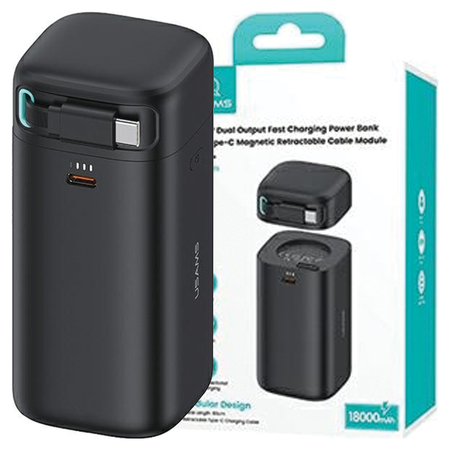 USAMS Powerbank ze zwijanym kablem USB-CRetractable 18000 mAh PD45W Fast Charge XMF Series czarny/black 20KCD21601 (US-CD216)