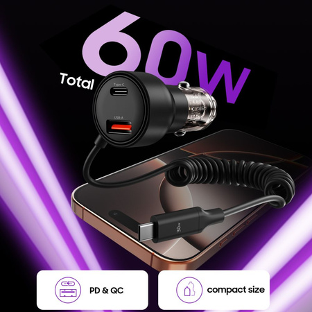 TECH-PROTECT ŁADOWARKA SAMOCHODOWA 60W 2X USB DO TELEFONU AUTA KABEL USB-C