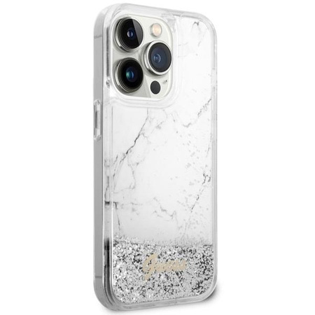 Etui Guess GUHCP14LLCSGSGH na iPhone 14 Pro - białe Liquid Glitter Marble