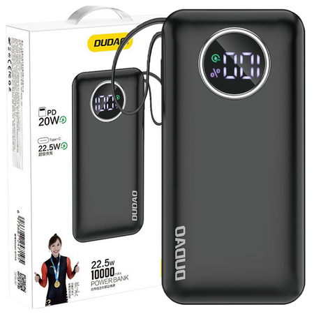 Dudao powerbank 10000mAh 1xUSB-A / 1xUSB-C 22.5W z wbudowanym kablem 1xLightning / 1xUSB-C czarny (K15sB)