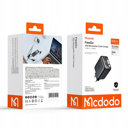 MCDODO SZYBKA ŁADOWARKA SIECIOWA ZASILACZ 2X USB-C USB-A PD GAN 35W KABEL