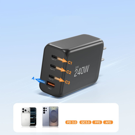 TECH-PROTECT NC240W-GAN 4-PORT NETWORK CHARGER PD 240W / QC3.0 BLACK
