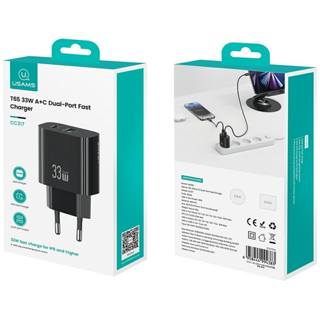 USAMS ŁADOWARKA SIECIOWA CC317 T65 33W DO TELEFONÓW USB-C USB-A FAST