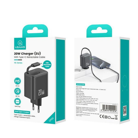 USAMS ŁADOWARKA ZE ZWIJANYM KABLEM USB-C DO TELEFONÓW IPHONE 11 12 13 14 15
