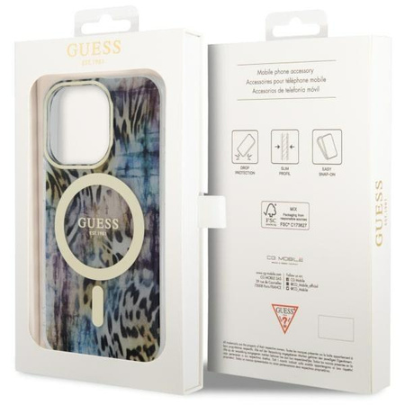 Etui Guess GUHMP14XHLEOPWB na iPhone 14 Pro Max 6.7" - niebieskie Leopard MagSafe