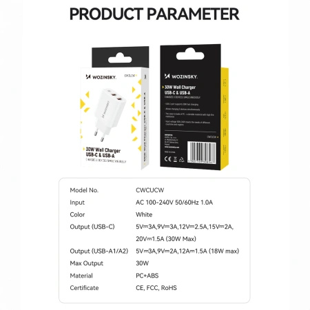 WOZINSKY ŁADOWARKA USB-C 30W 2 X USB-A DO TELEFONÓW I TABLETÓW Z FUNKCJĄ PD