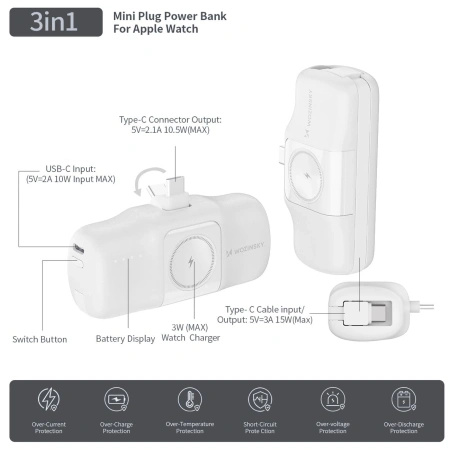 WOZINSKY MINI POWERBANK DO APPLE WATCH 5000MAH Z KABLEM USB-C ŁADOWANIE 15W