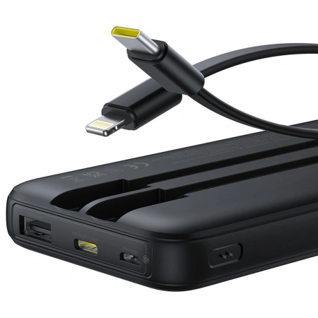 Powerbank Baseus Lipow 10000mAh 22.5W z podwójnym wbudowanym kablem z wyświetlaczem (z dodatkowym czarnym kablem Baseus Simple USB-A - USB-C 3A 0,2m) - czarny