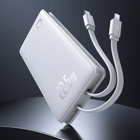 Powerbank Baseus Airpow Lite 10000mAh 22,5W z wbudowanymi kablami USB-C i Lightning - biały