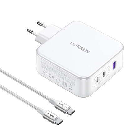 Ładowarka sieciowa GaN Ugreen Nexode CD289 USB-A/2xUSB-C 140W + kabel USB-C - USB-C 1.5m - biała