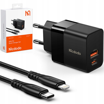 Mcdodo Phone Charger, Fast, USB, USB-C, 20W, Iphone cable included, black, CH-1952