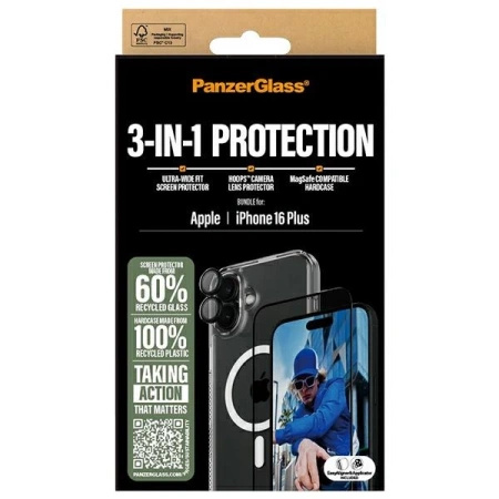 Zestaw PanzerGlass Bundle 3in1 etui przezroczyste + folia + szkło na aparat na iPhone 16 Plus