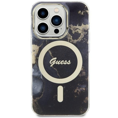 Etui Guess GUHMP14LHTMRSK na iPhone 14 Pro - czarne Golden Marble MagSafe