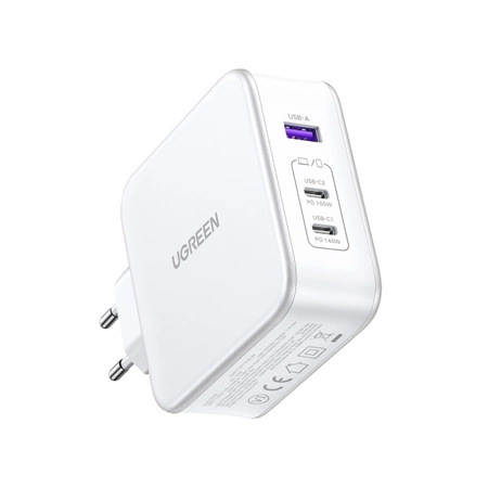 Ładowarka sieciowa GaN Ugreen Nexode CD289 USB-A/2xUSB-C 140W + kabel USB-C - USB-C 1.5m - biała