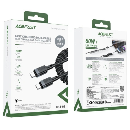 ACEFAST KABEL USB-C SPRĘŻYNOWY 480MB/S 3A 1.2M DO ŁADOWANIA IPHONE GALAXY