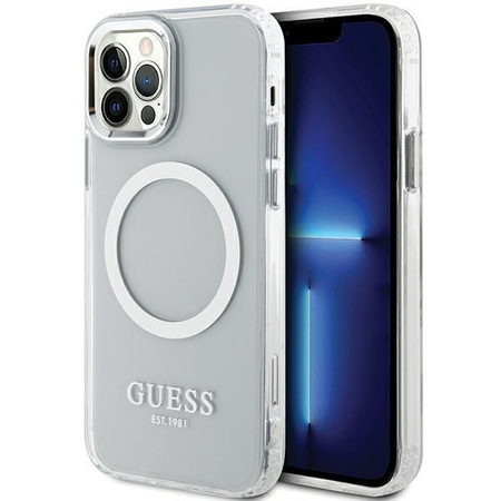 Etui Guess GUHMP12MHTRMS na iPhone 12 / iPhone 12 Pro - srebrne Metal Outline Magsafe