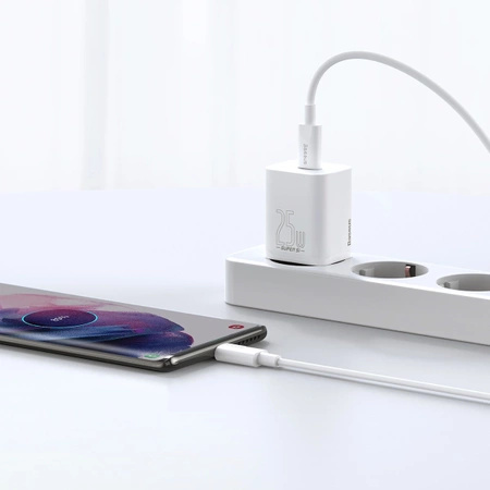 Szybka ładowarka sieciowa Baseus Si USB-C 25W 3A z kablem USB-C / USB-C 1m - biały