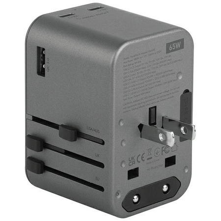 ENERGEA ład. siec. 1xUSB+2xUSB-CPD-PPS-QC 3.0 65W 1A2C adapter 4w1 US/UA/EU/UK szary/gunmetal Travelworld Adapter GaN65W