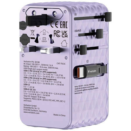Verbatim Adapter podróżny EU/UK/US GaN   1xUSB-C/1xUSB-A/2xUSB-C PD 70W fioletowy 30188