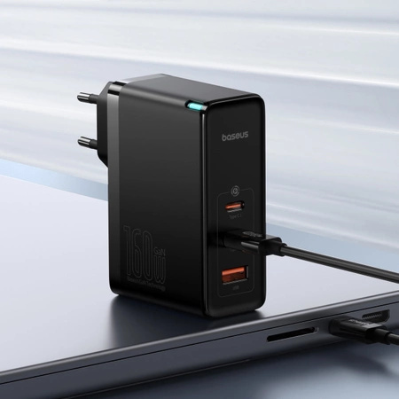 Ładowarka sieciowa GaN Baseus GaN5 Pro 2x USB-C / USB-A 160W - czarna + kabel USB-C - USB-C 240W - czarny