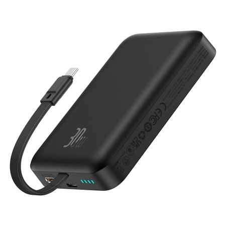 Powerbank Baseus Magnetic Mini MagSafe 10000mAh 30W z wbudowanym kablem USB-C - czarny + kabel Baseus Simple Series USB-C - USB-C 60W 0.3m