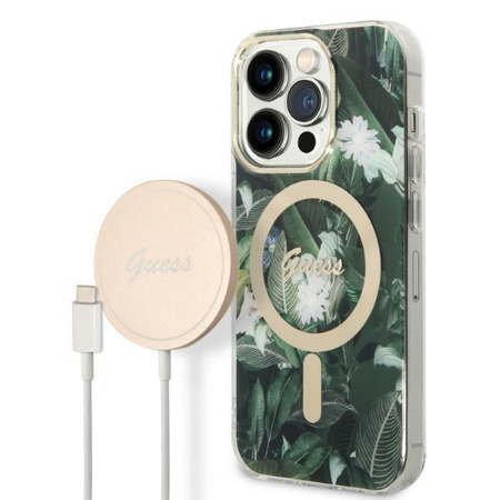 Zestaw Guess GUBPP14XHJEACSA Case+ Charger iPhone 14 Pro Max 6,7" zielony/green hard case Jungle MagSafe