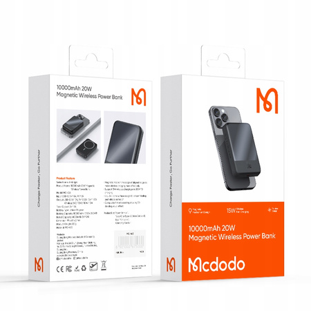 MCDODO POWERBANK BEZPRZEWODOWY 10000MAH 20W INDUKCYJNY + KABEL USB-C DO MAGSAFE IPHONE 12 13 14 15 MINI PLUS PRO MAX CZARNY